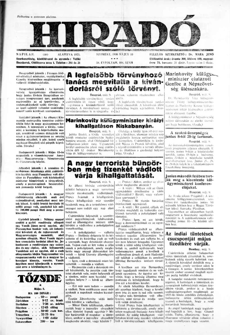 Híradó, 59. évf. 1930. május 10. 108. sz.