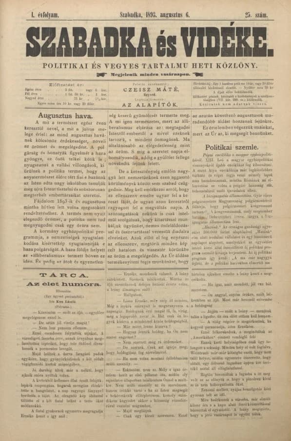 Szabadka és vidéke II, 1. évf. 1893. augusztus 6. 25. sz.
