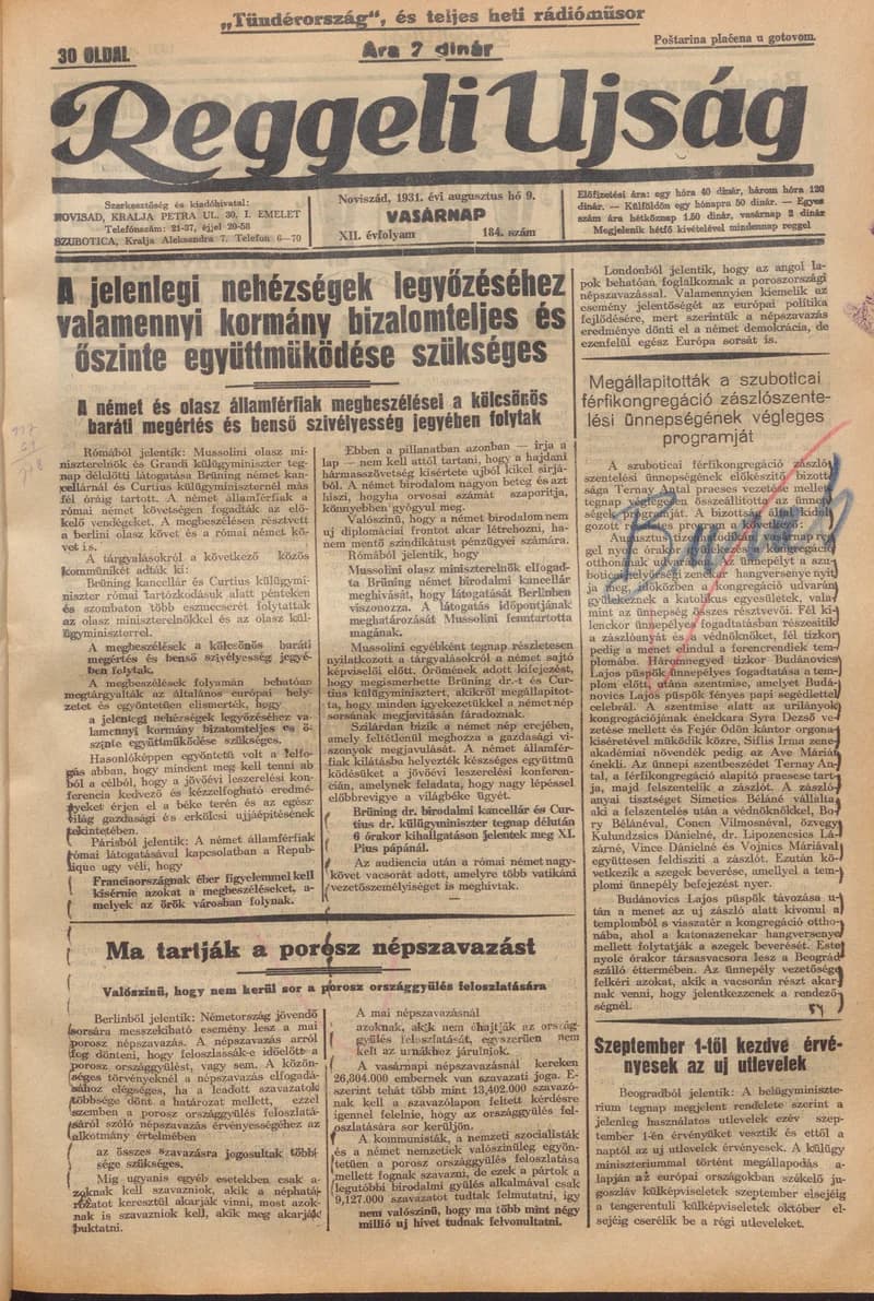 Reggeli Újság, 12. évf. 1931. augusztus 9. 184. sz.