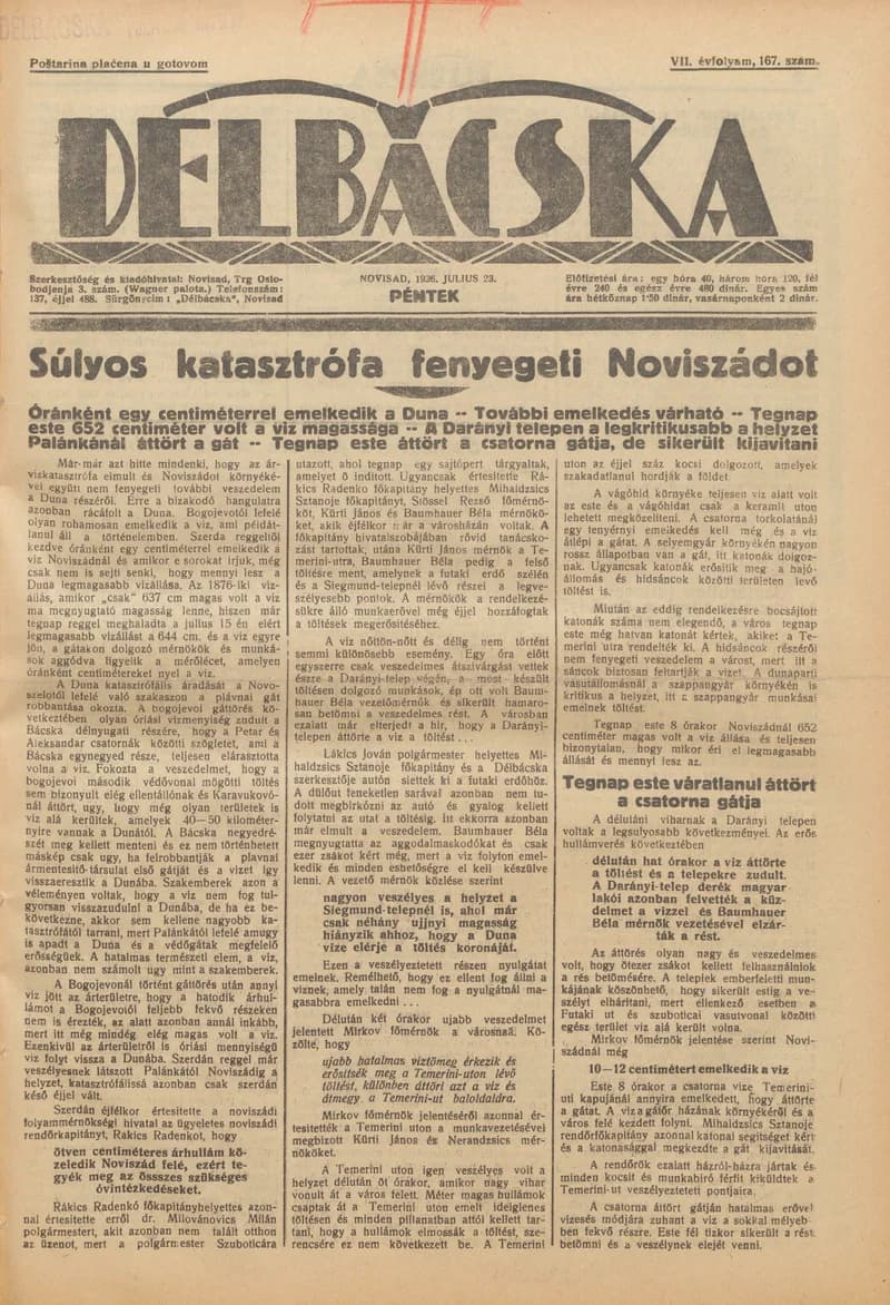 Délbácska, 7. évf. 1926. július 23. 167. sz.