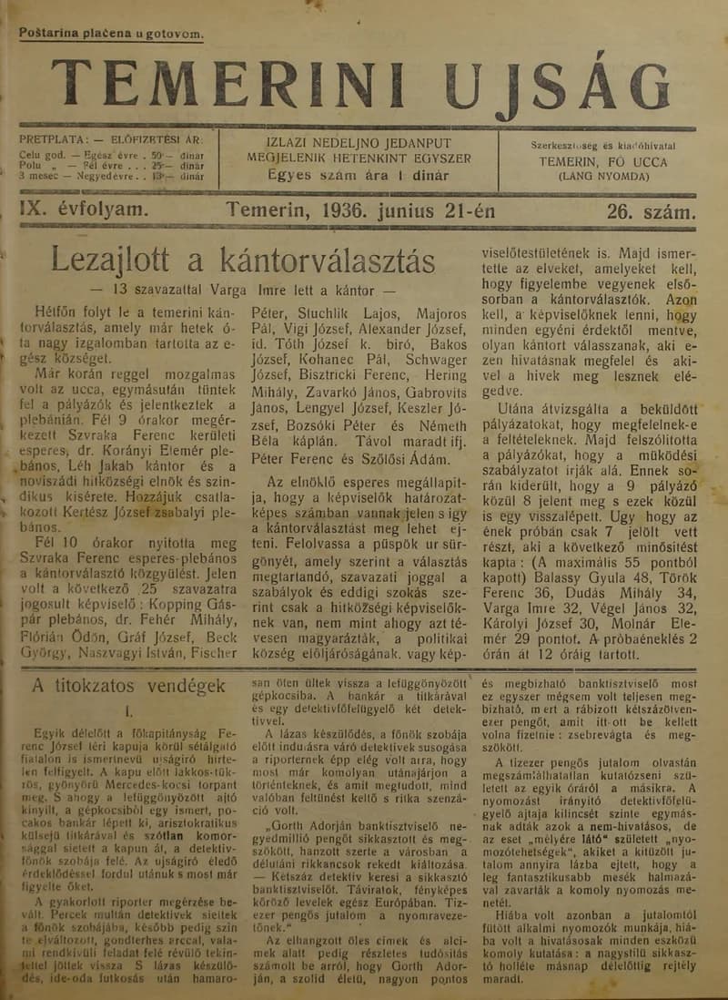 Temerini Újság 1928-1944, 9. évf. 1936. június 21. 26. sz.