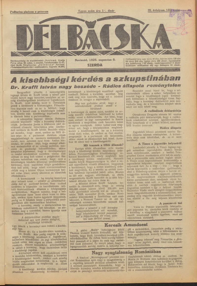 Délbácska, 9. évf. 1928. augusztus 8. 182. sz.