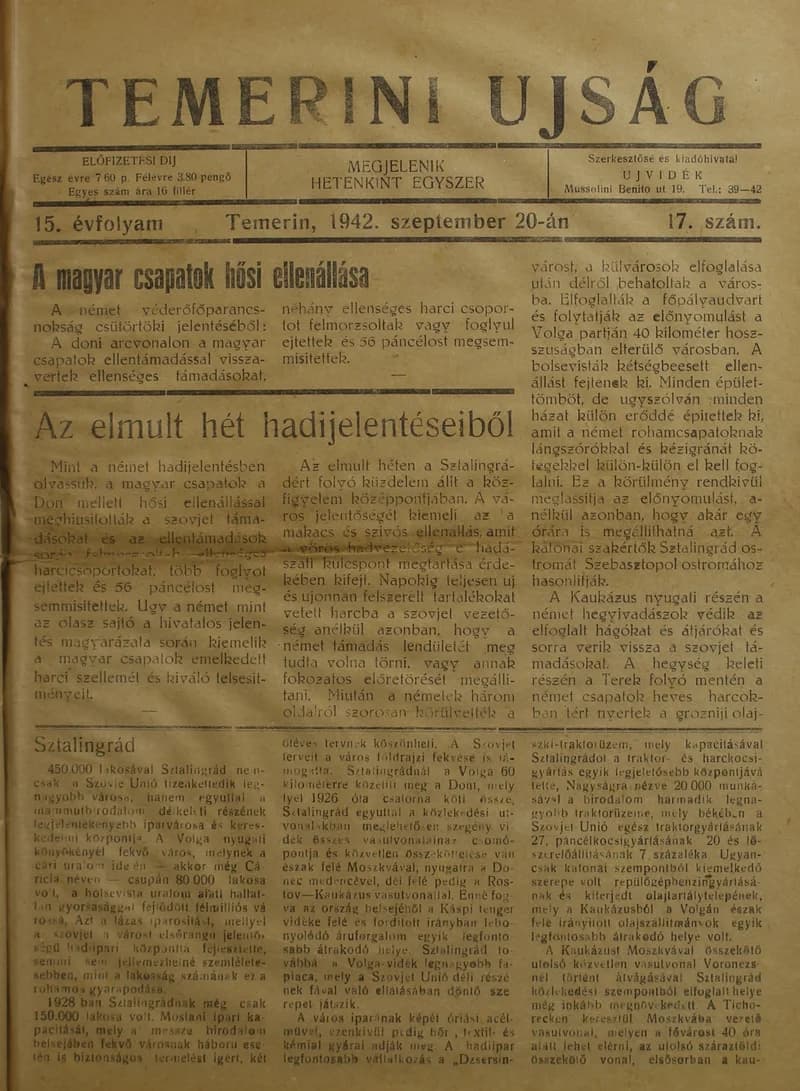 Temerini Újság 1928-1944, 15. évf. 1942. szeptember 20. 17. sz.