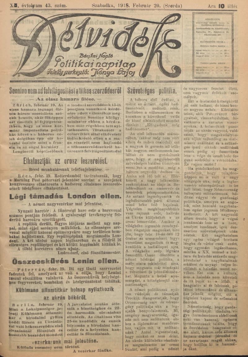 Délvidék, 12. évf. 1918. február 20. 43. sz.