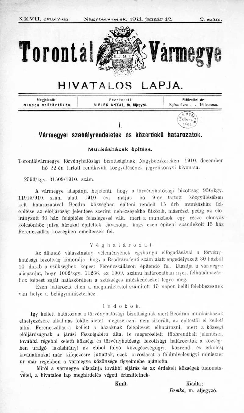 Torontál Vármegye Hivatalos Lapja, 27. évf. 1911. január 12. 2. sz.