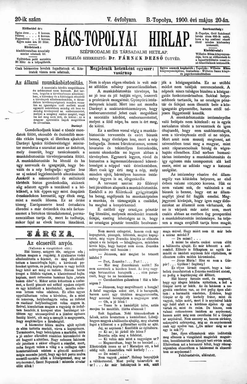 Bács-Topolyai Hirlap, 5. évf. 1900. május 20. 20. sz.