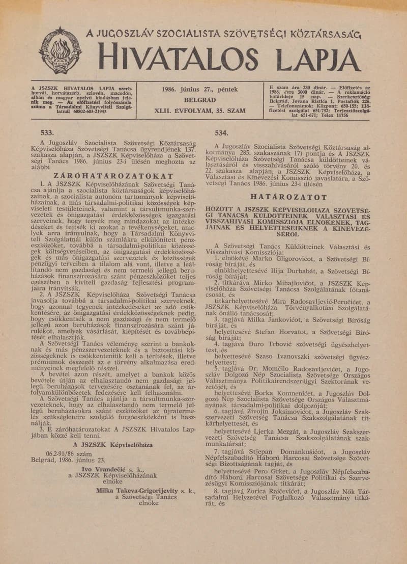 A Jugoszláv Szocialista Szövetségi Köztársaság Hivatalos Lapja, 42. évf. 1986. június 27. 35. sz. 1061–1092. oldal