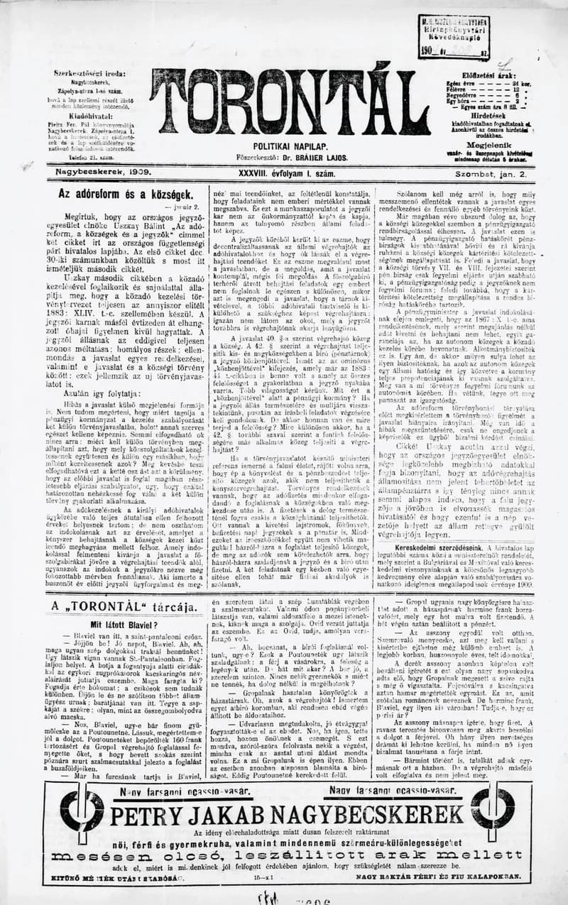 Torontál, 38. évf. 1909. január 2. 1. sz.