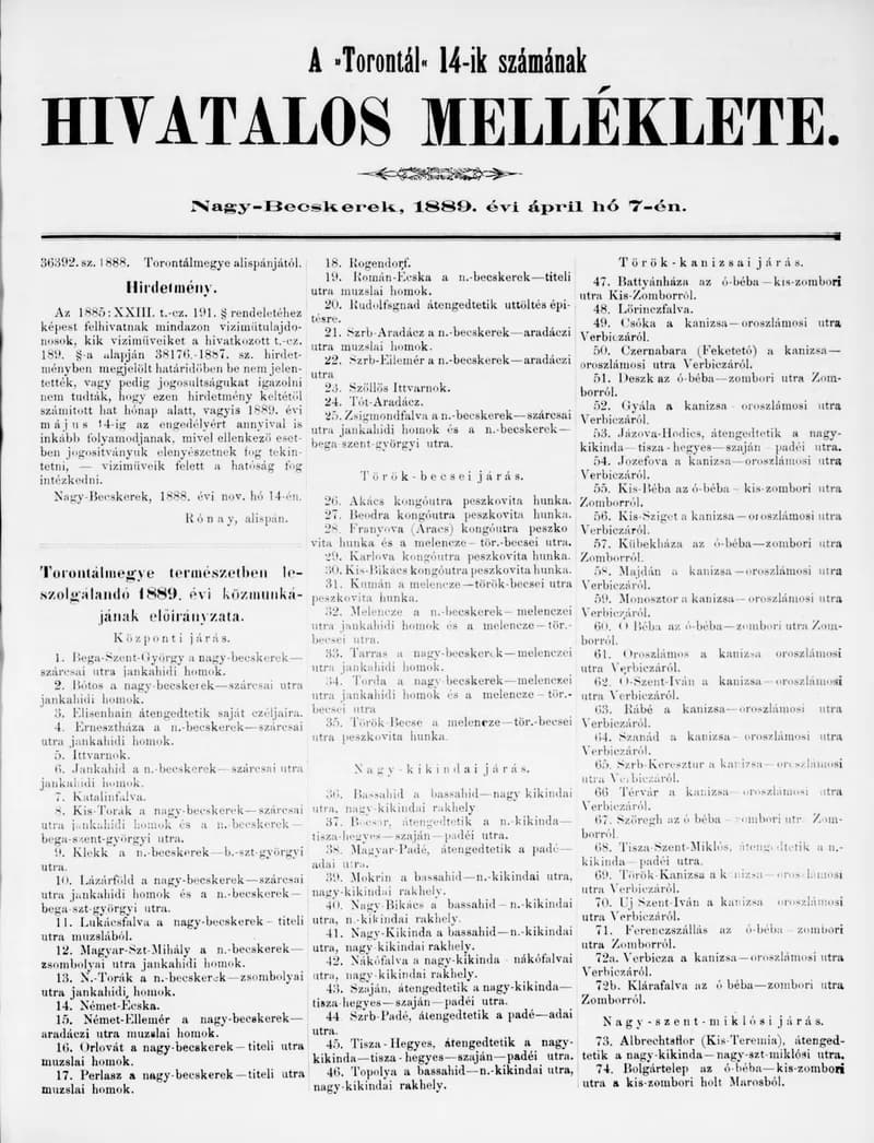 A Totontál  hivatalos melléklete, 2. évf. 1889. április 7. 14. sz.