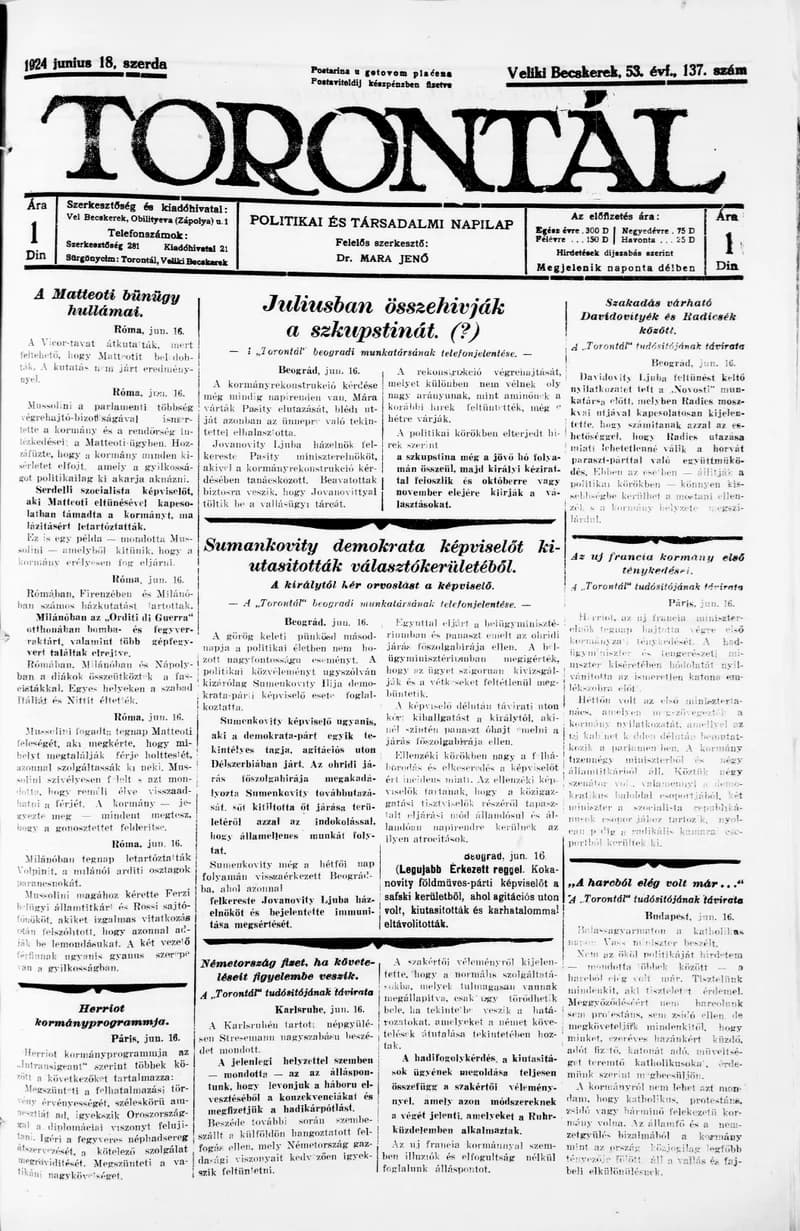 Torontál, 53. évf. 1924. június 18. 137. sz.