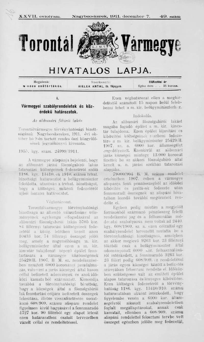 Torontál Vármegye Hivatalos Lapja, 27. évf. 1911. december 7. 49. sz.