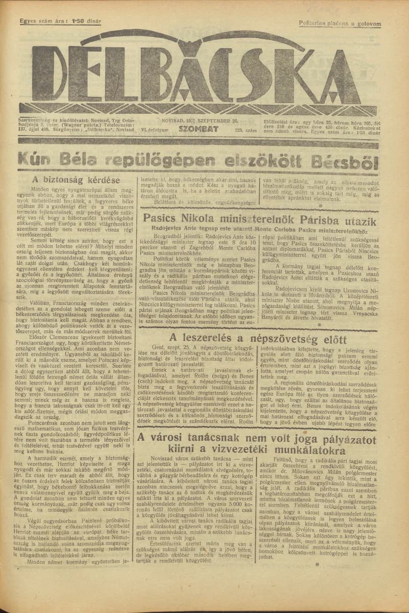 Délbácska, 6. évf. 1925. szeptember 26. 223. sz.