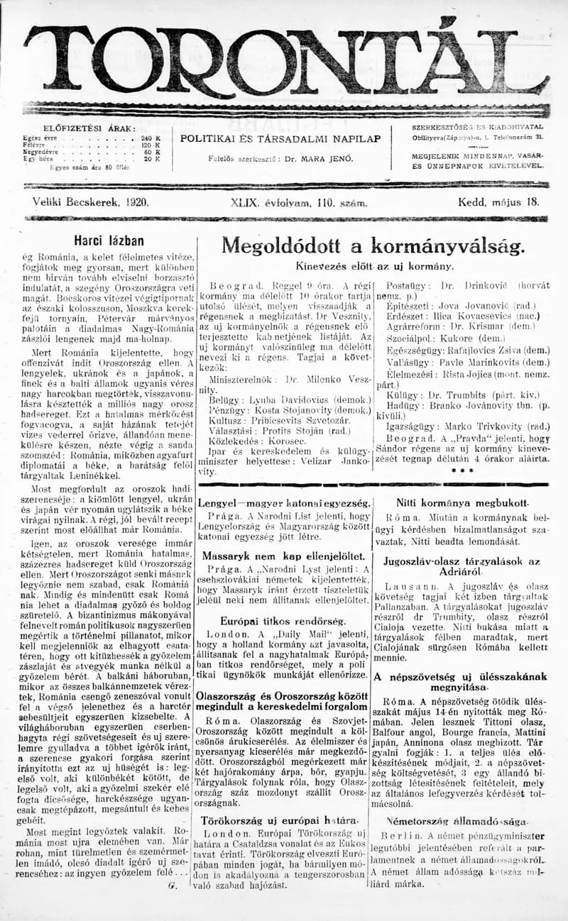 Torontál, 49. évf. 1920. május 18. 110. sz.
