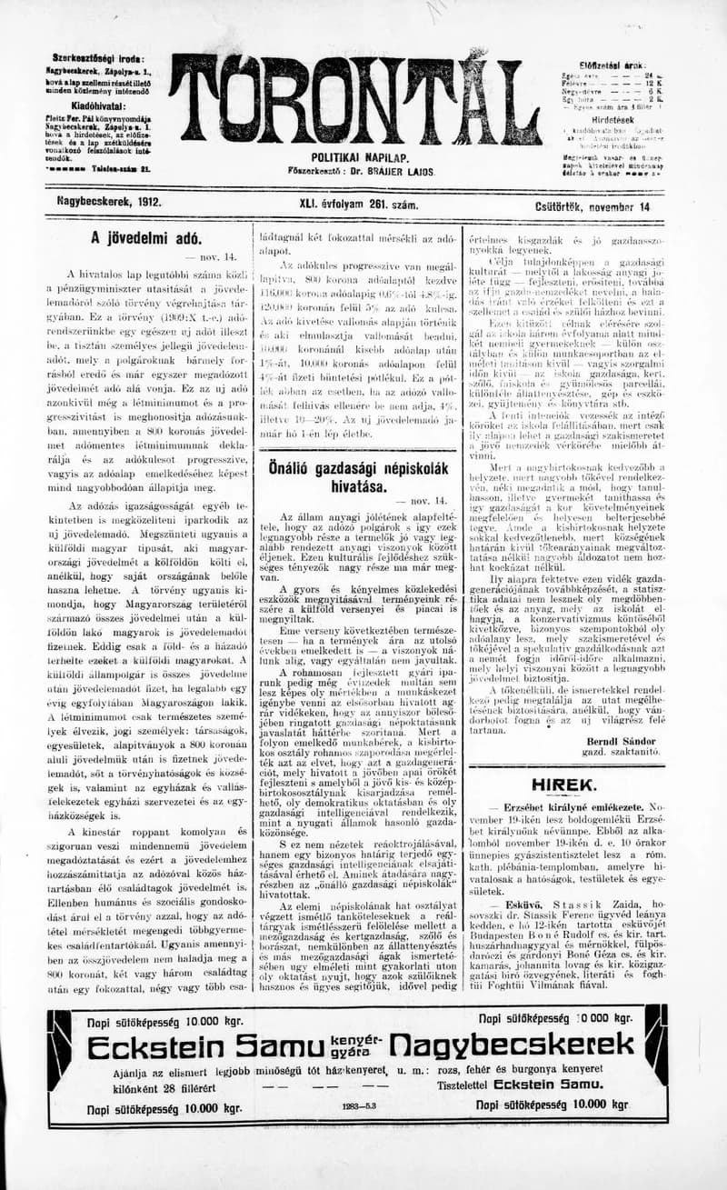 Torontál, 41. évf. 1912. november 14. 261. sz.