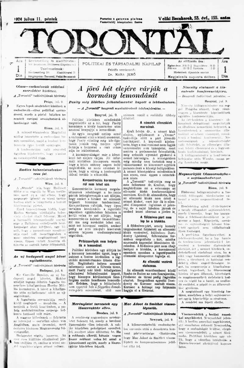 Torontál, 53. évf. 1924. július 11. 155. sz.