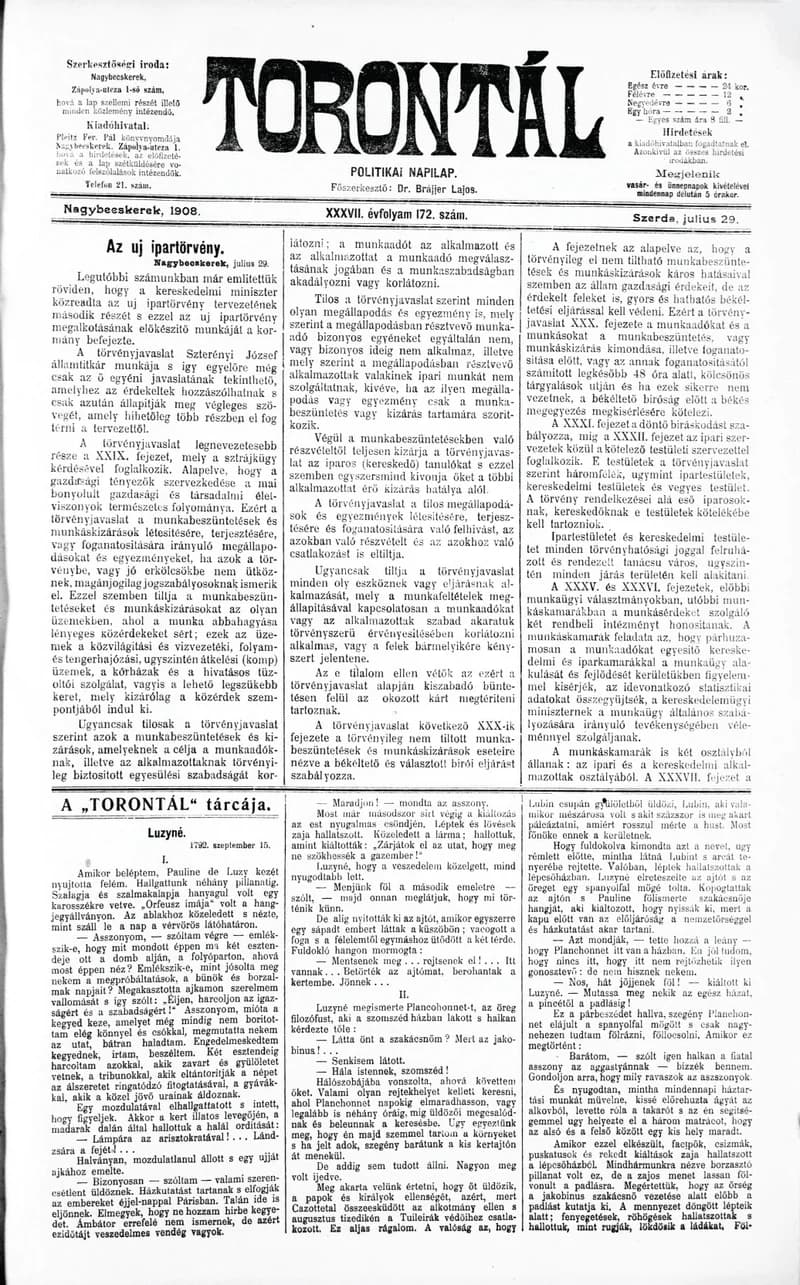 Torontál, 37. évf. 1908. július 29. 172. sz.