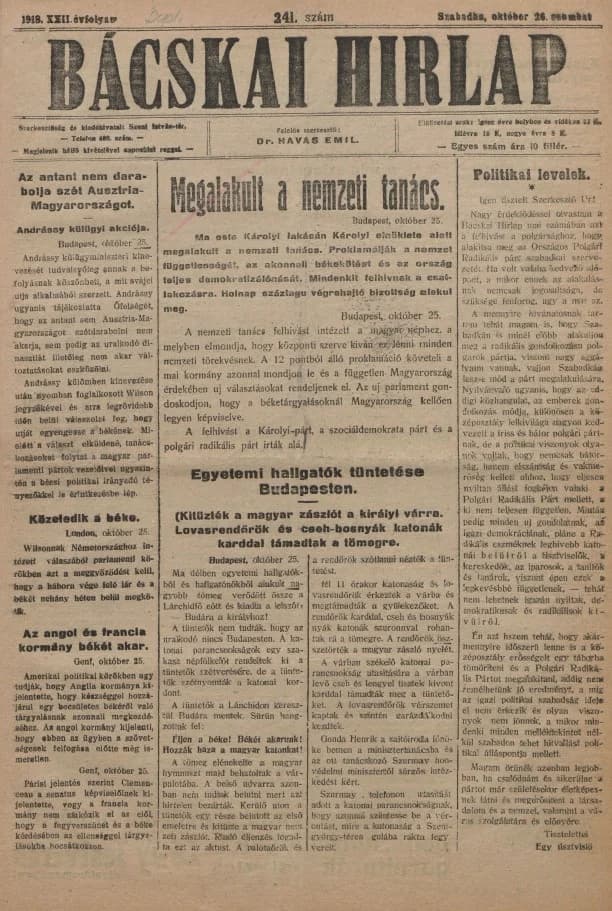 Bácskai Hirlap, 22. évf. 1918. október 26. 241. sz.