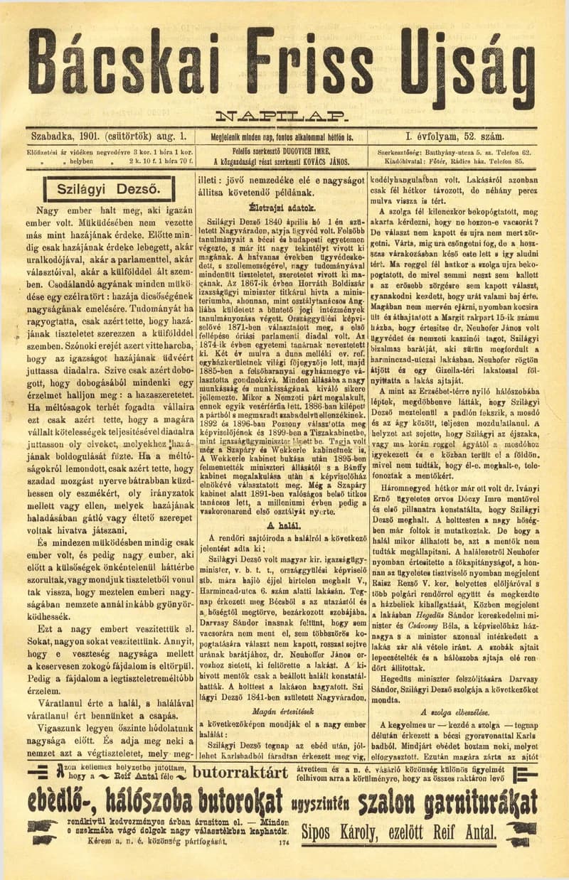 Bácskai Friss Ujság, 1. évf. 1901. augusztus 1. 52. sz.