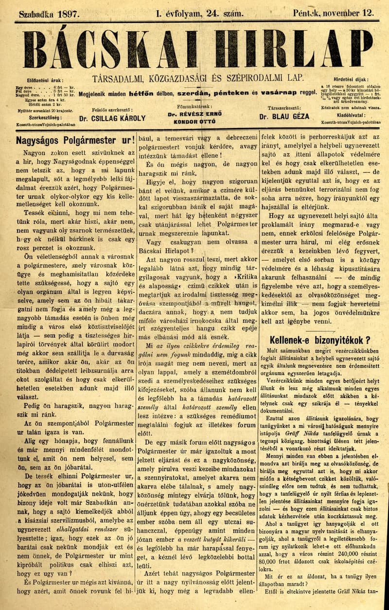 Bácskai Hirlap, 1. évf. 1897. november 12. 24. sz. 1–4. oldal