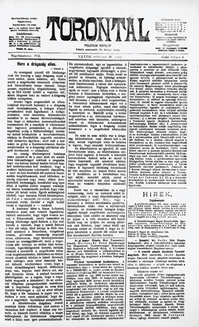 Torontál, 37. évf. 1908. február 4. 28. sz.