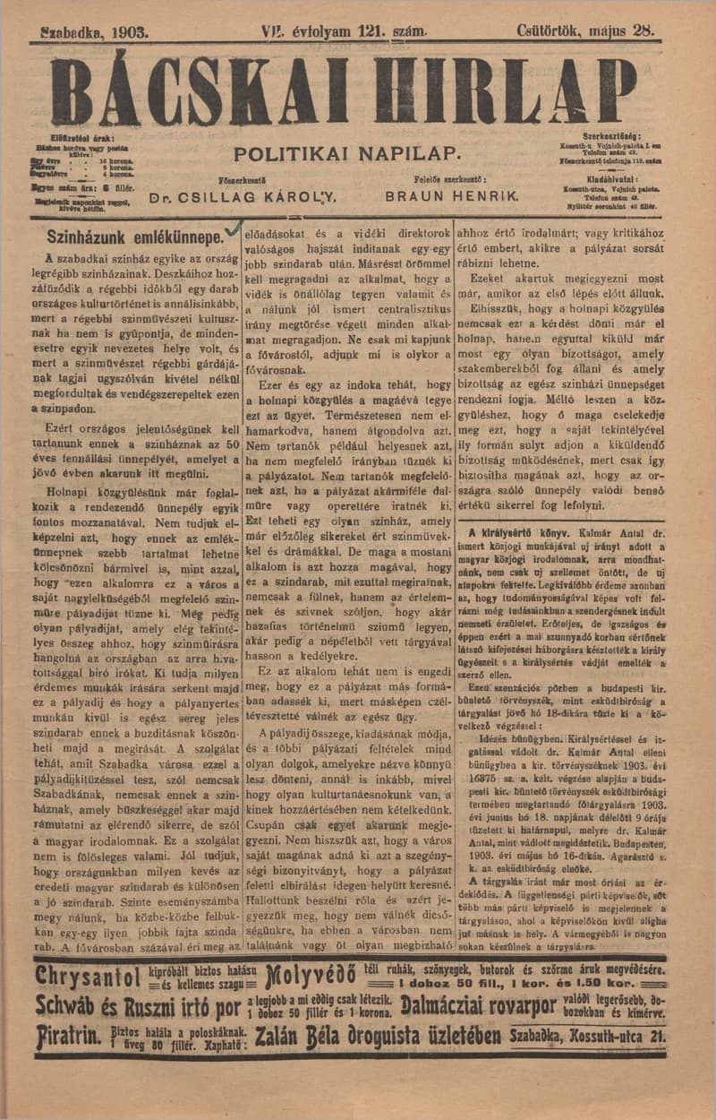 Bácskai Hirlap, 7. évf. 1903. május 28. 121. sz.
