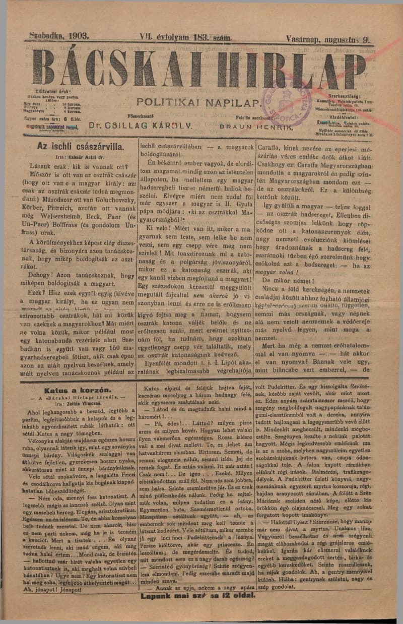 Bácskai Hirlap, 7. évf. 1903. augusztus 9. 183. sz.
