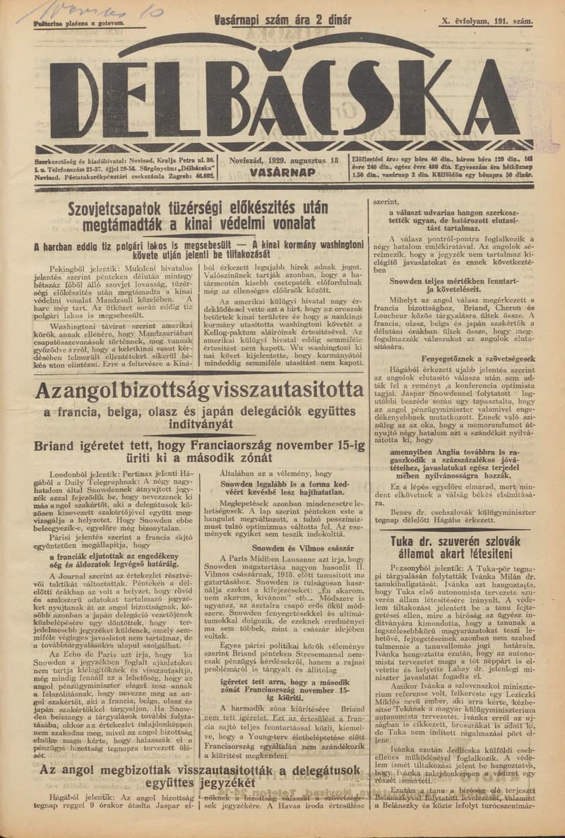 Délbácska, 10. évf. 1929. augusztus 18. 191. sz.