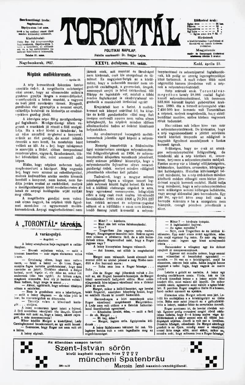 Torontál, 36. évf. 1907. április 23. 93. sz.