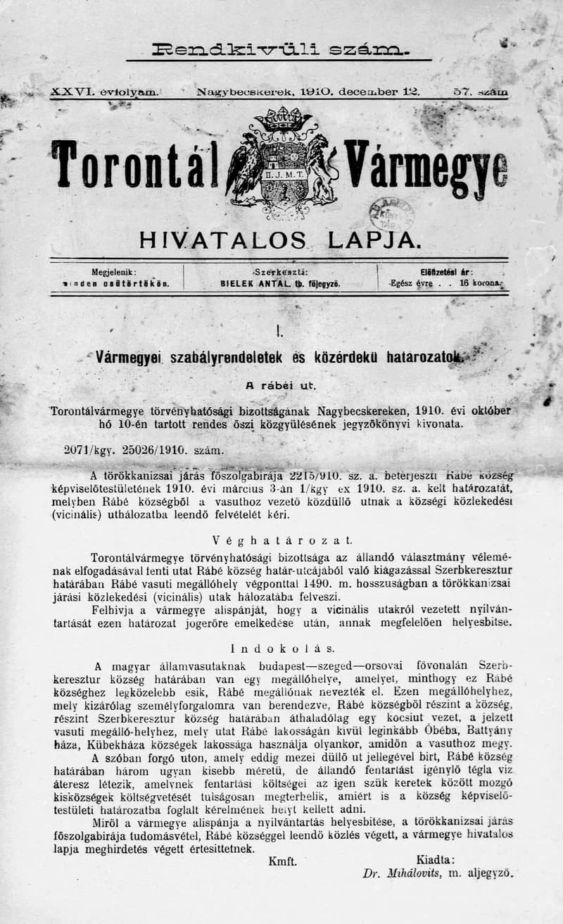 Torontál Vármegye Hivatalos Lapja, 26. évf. 1910. december 12. 57. sz.