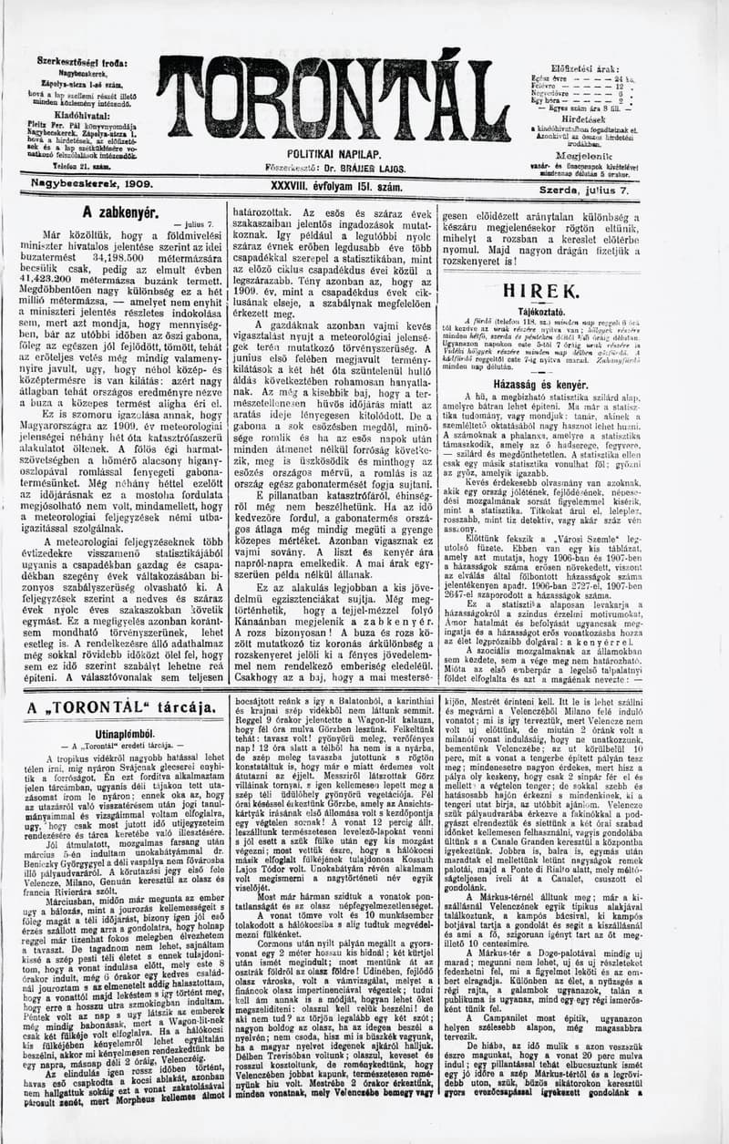Torontál, 38. évf. 1909. július 7. 151. sz.