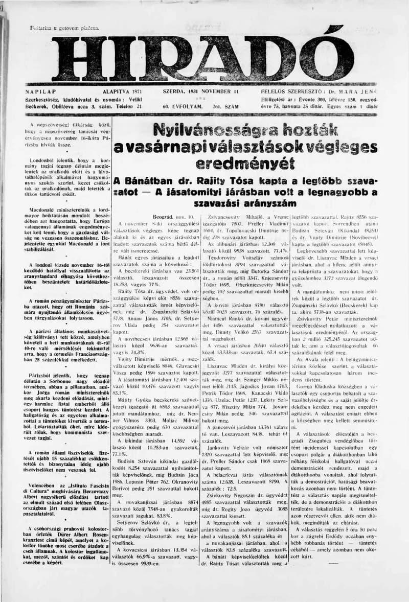 Híradó, 60. évf. 1931. november 11. 261. sz.