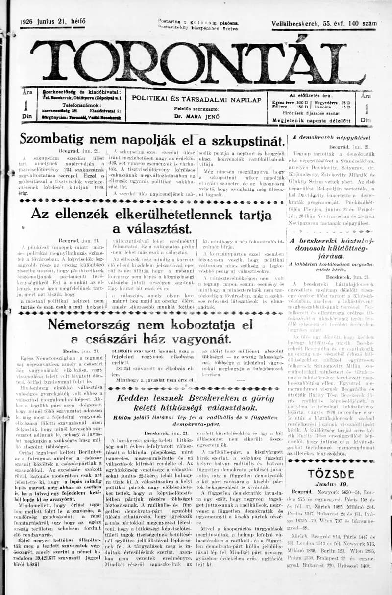 Torontál, 55. évf. 1926. június 21. 140. sz.