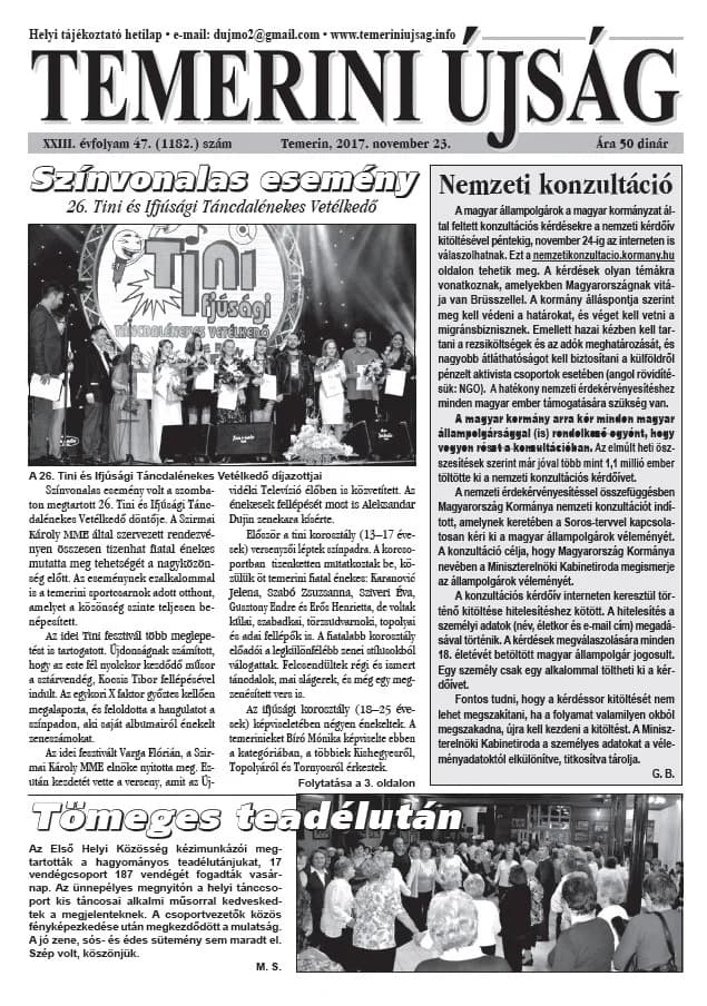 Temerini Újság, 23. évf. 2017. november 23. 47. sz.