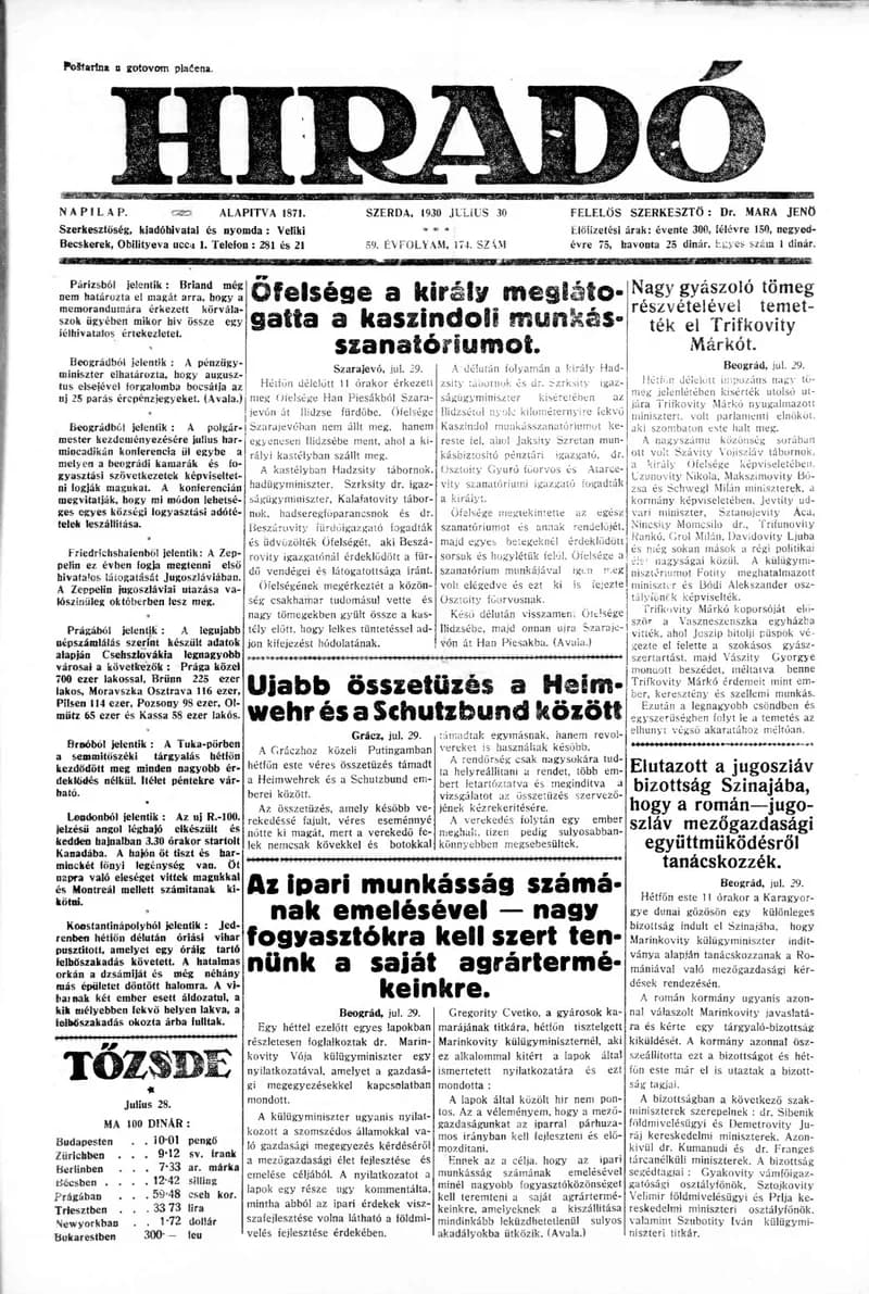 Híradó, 59. évf. 1930. július 30. 174. sz.
