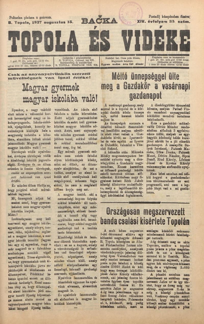 Bačka Topola és Vidéke, 14. évf. 1937. augusztus 15. 33. sz.