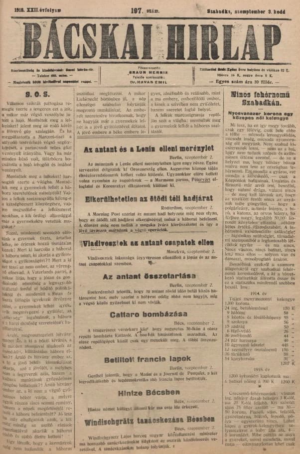 Bácskai Hirlap, 22. évf. 1918. szeptember 3. 197. sz.