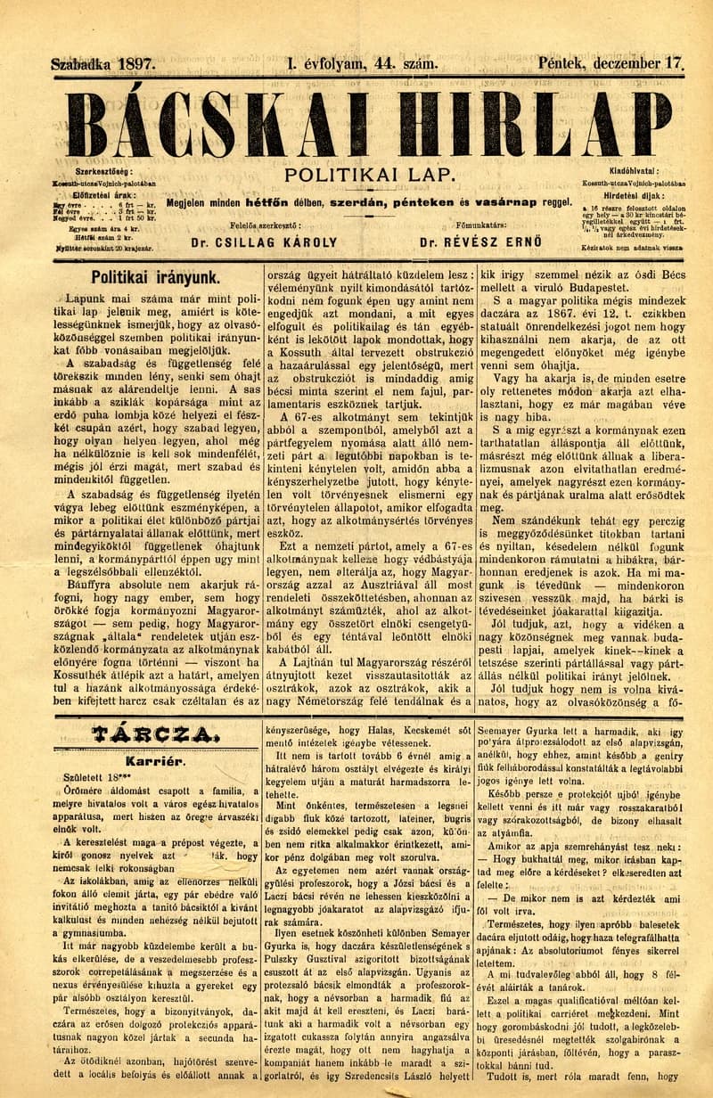 Bácskai Hirlap, 1. évf. 1897. december 17. 44. sz. 1–2. oldal