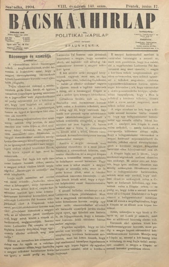 Bácskai Hirlap, 8. évf. 1904. június 17. 140. sz.