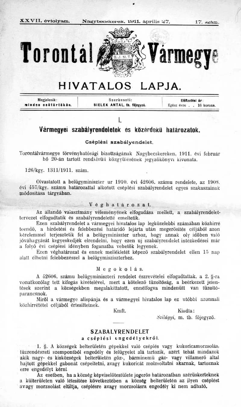Torontál Vármegye Hivatalos Lapja, 27. évf. 1911. április 27. 17. sz.