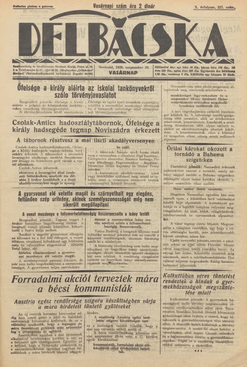 Délbácska, 10. évf. 1929. szeptember 29. 227. sz.