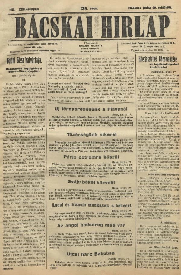 Bácskai Hirlap, 22. évf. 1918. június 20. 139. sz.