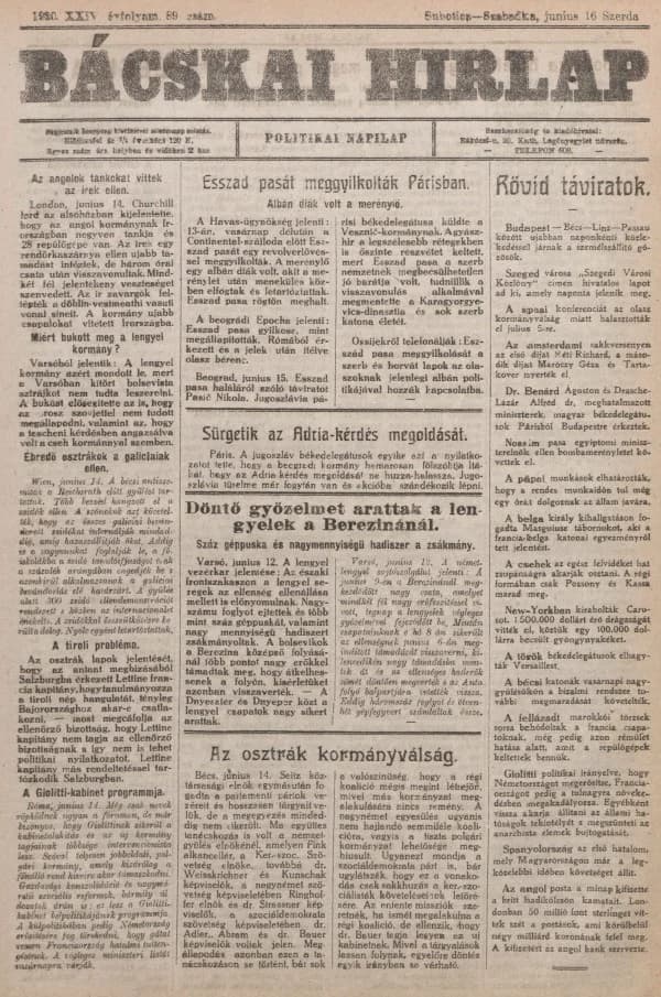 Bácskai Hirlap, 24. évf. 1920. június 16. 89. sz.