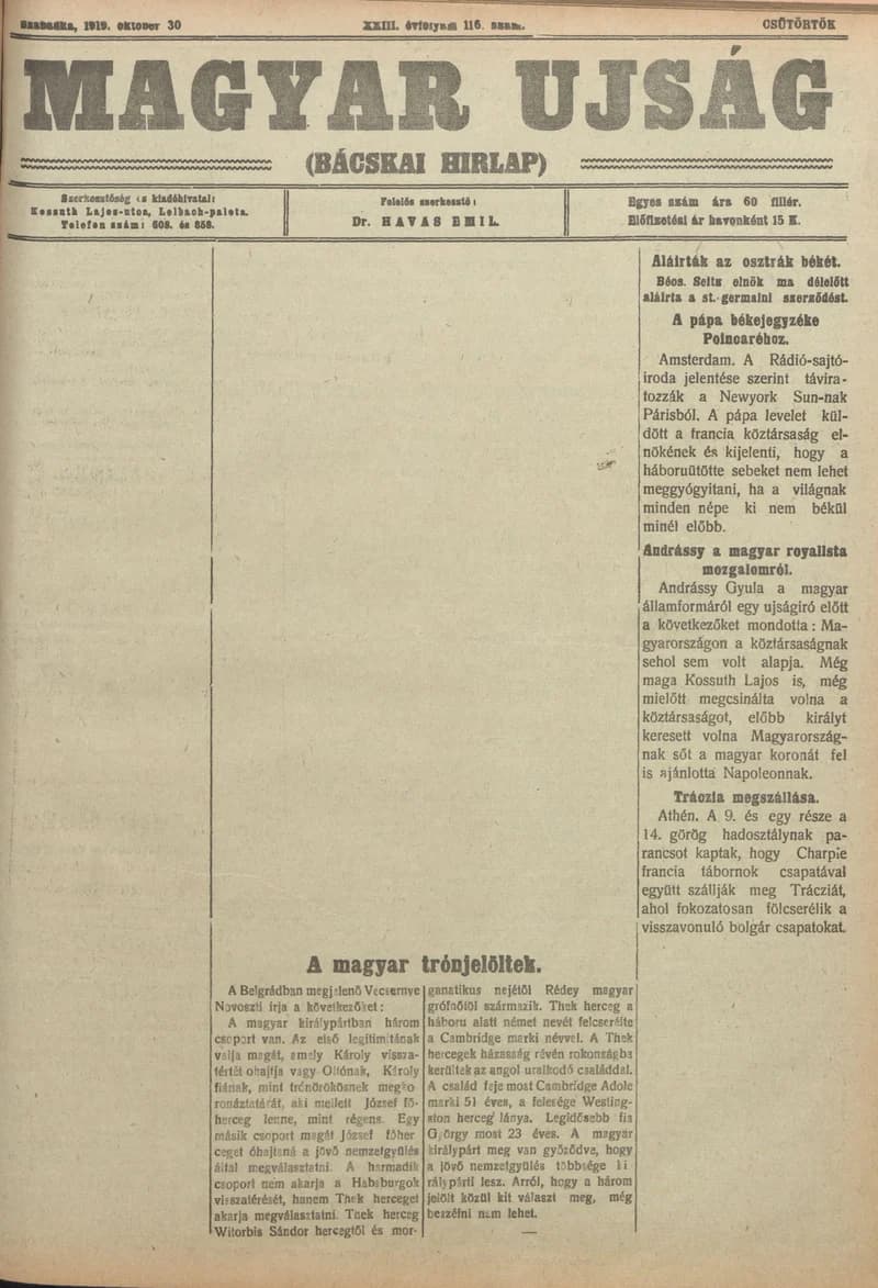 Bácskai Hirlap, 23. évf. 1919. október 30. 116. sz.