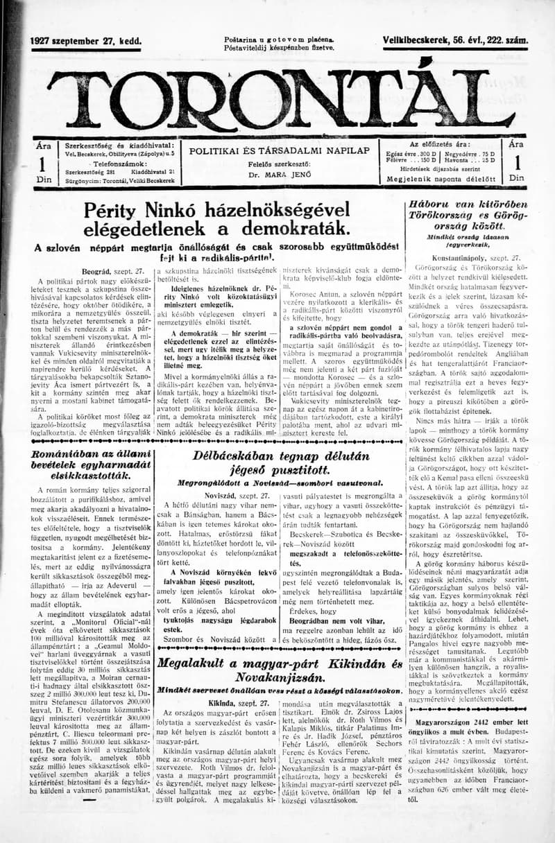 Torontál, 56. évf. 1927. szeptember 27. 222. sz.