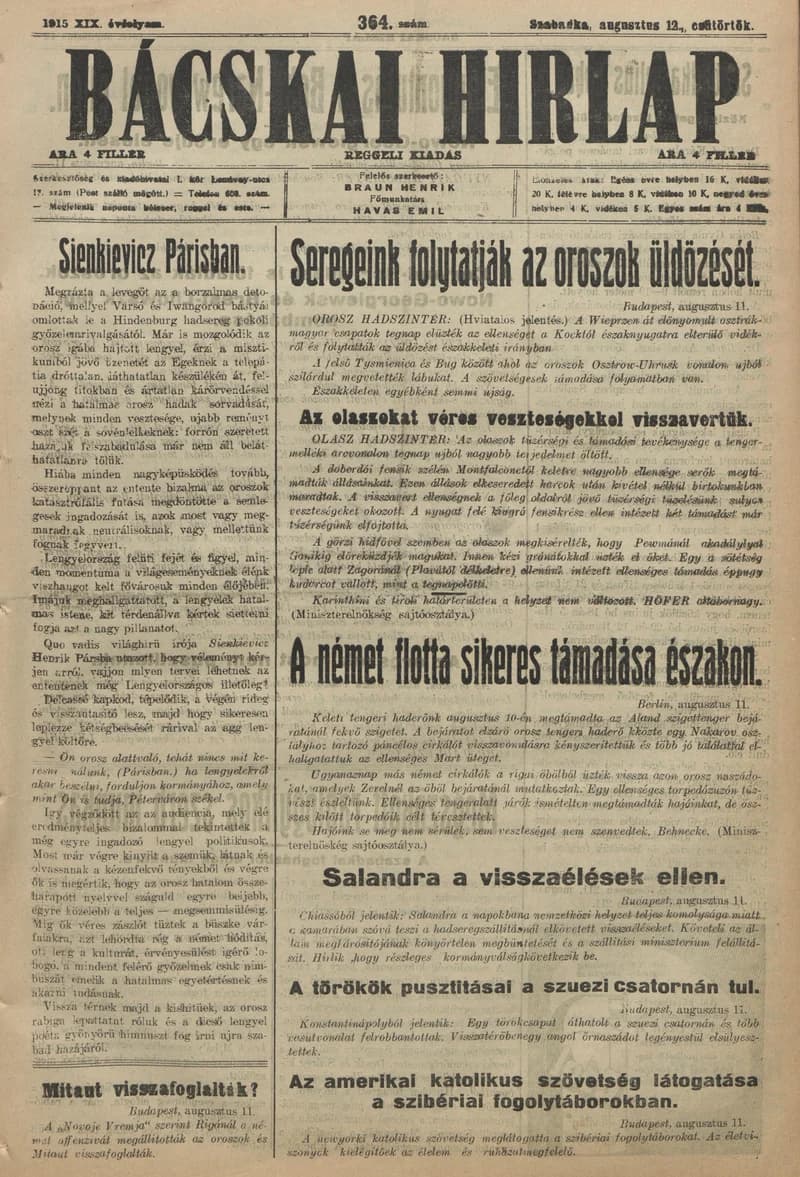 Bácskai Hirlap, 19. évf. 1915. augusztus 12. 364. sz.
