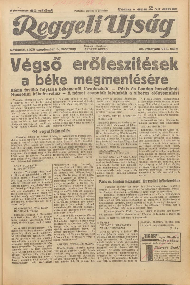 Reggeli Újság, 20. évf. 1939. szeptember 3. 243. sz.