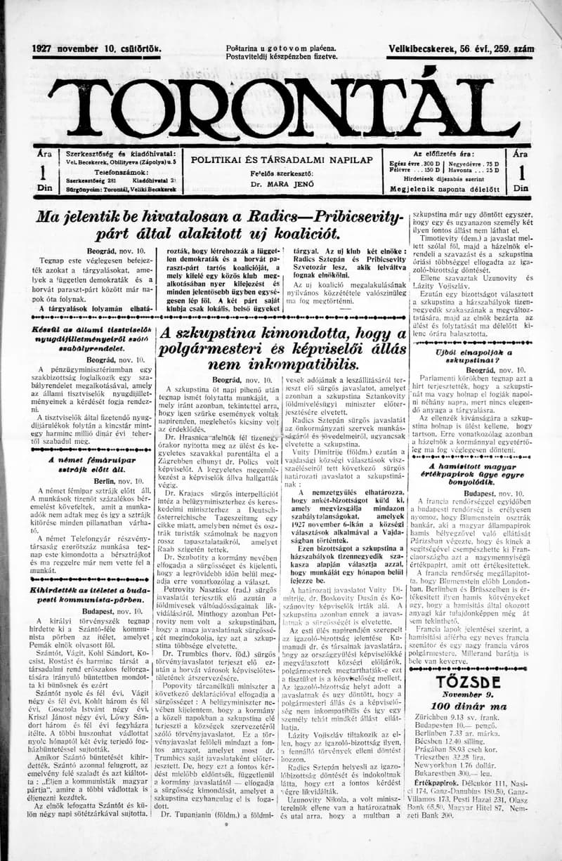 Torontál, 56. évf. 1927. november 10. 259. sz.