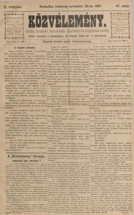 Közvélemény, 2. évf. 1887. november 20. 47. sz.