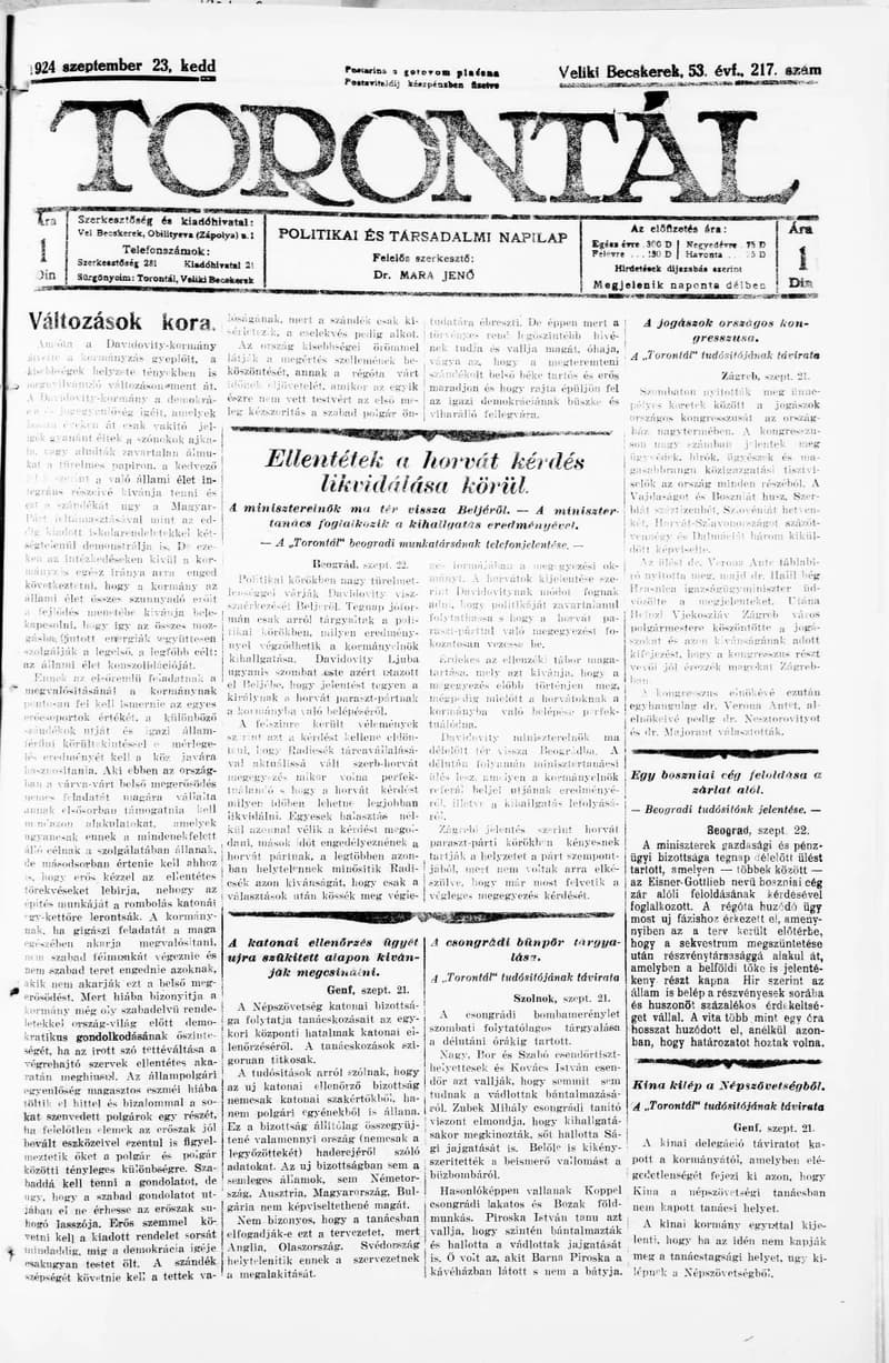 Torontál, 53. évf. 1924. szeptember 23. 217. sz.