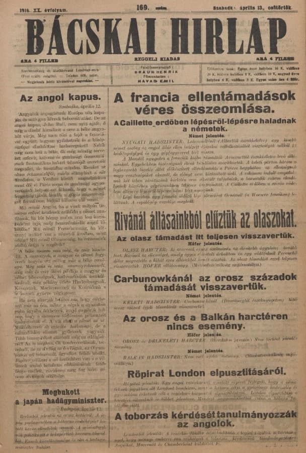 Bácskai Hirlap, 20. évf. 1916. április 13. 169. sz.